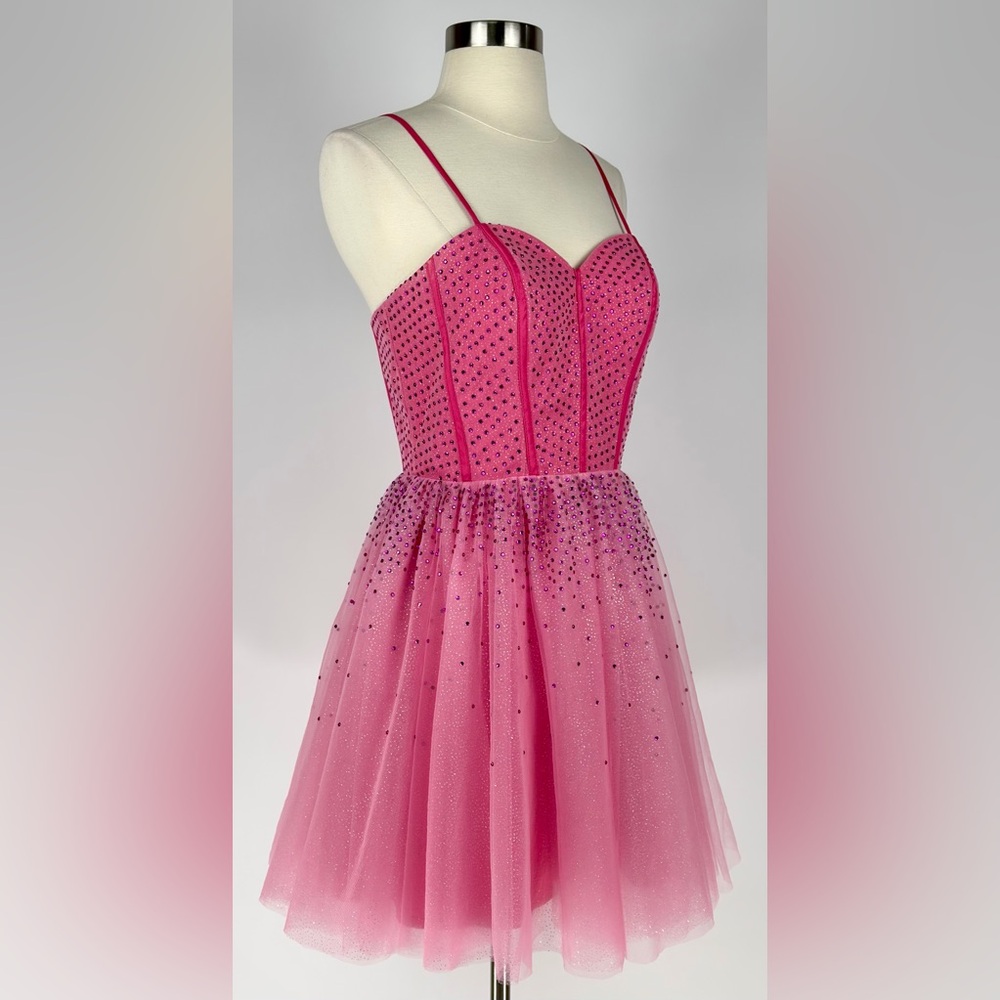 KissProm Pink Tulle Corset Mini Dress 4 Crystal Embellished Homecoming Gown Prom
